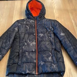 Boys winter jacket Camo print with orange pop of color